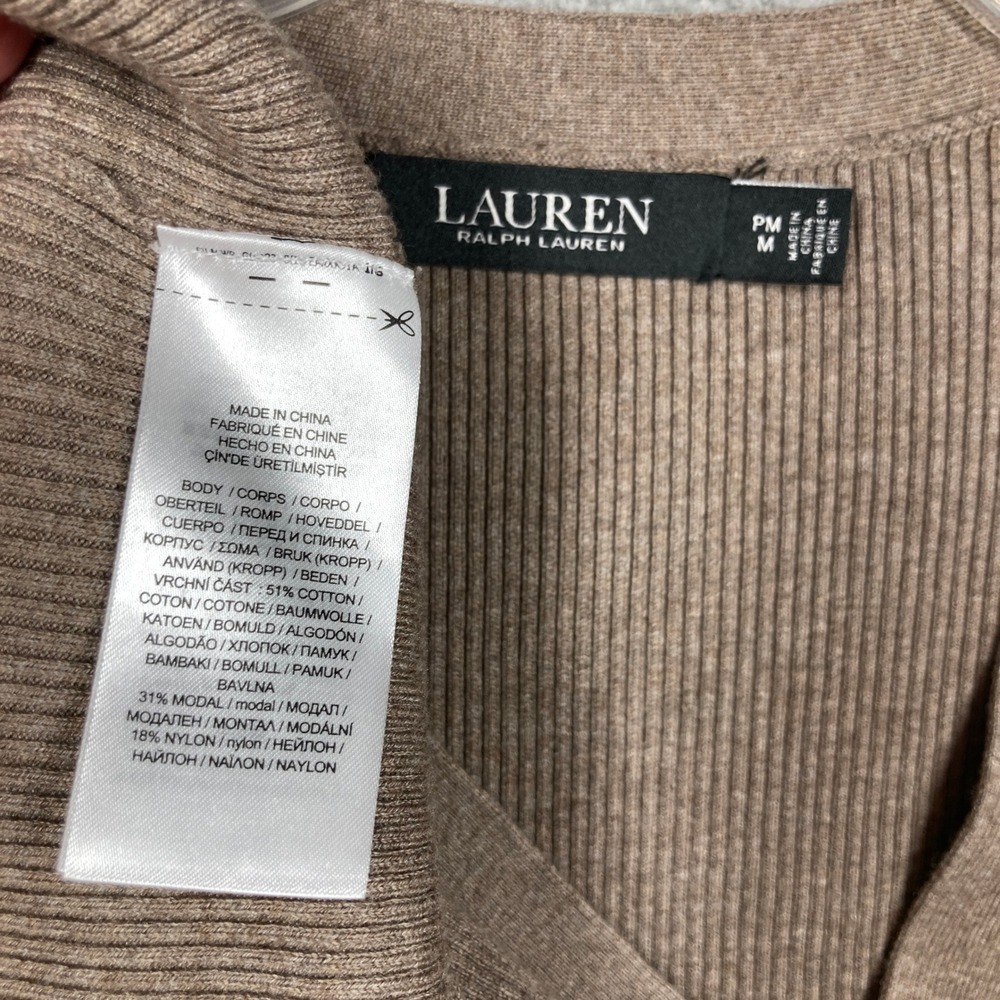 Lauren Ralph Lauren Cardigan Womens PM Tan Beige Long Knit Open Front Pockets - Picture 6 of 10